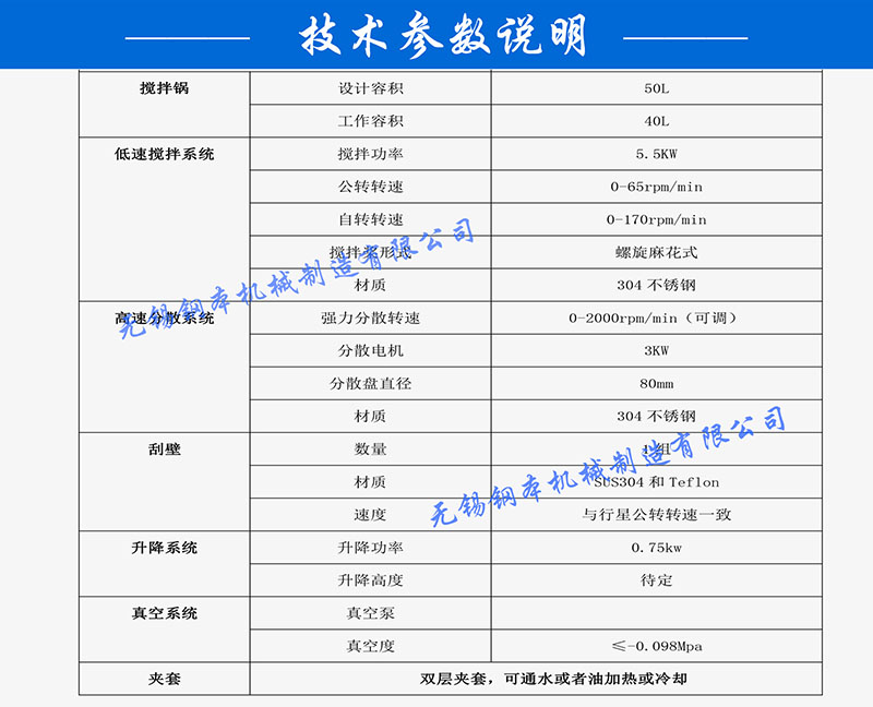 50L行星机技术参数