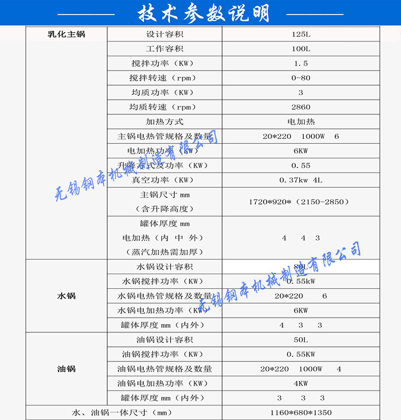 100L食品级乳化机组技术参数